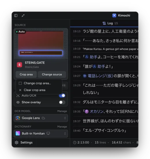 The Crop area menu open under the source card, with Change crop area and Clear crop area, and the crop region outlined on the preview.