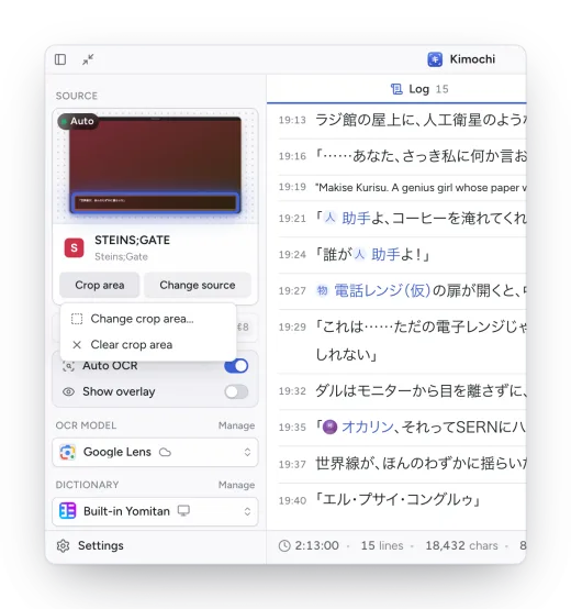 The Crop area menu open under the source card, with Change crop area and Clear crop area, and the crop region outlined on the preview.