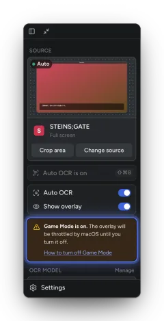 The sidebar with the notice: Game Mode is on. The overlay will be throttled by macOS until you turn it off.