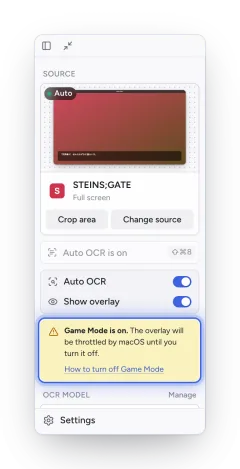 The sidebar with the notice: Game Mode is on. The overlay will be throttled by macOS until you turn it off.