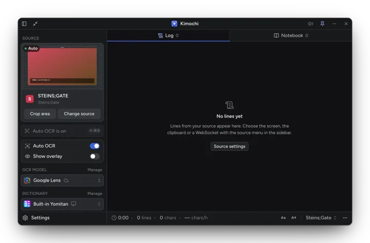 An empty Log: No lines yet, with a Source settings button.