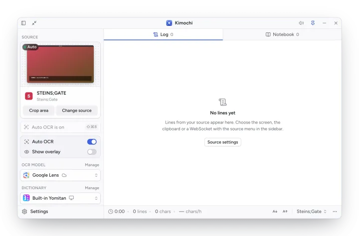 An empty Log: No lines yet, with a Source settings button.