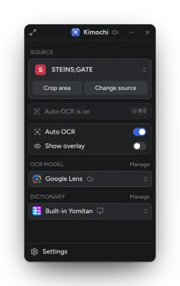 Kimochi in Mini mode: a narrow window with the source card, Auto OCR and Show overlay switches, OCR model and dictionary.