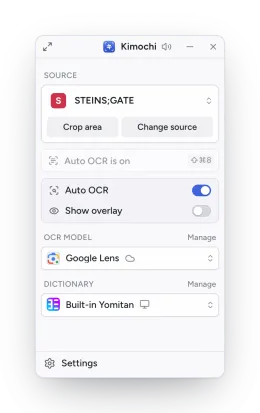 Kimochi in Mini mode: a narrow window with the source card, Auto OCR and Show overlay switches, OCR model and dictionary.