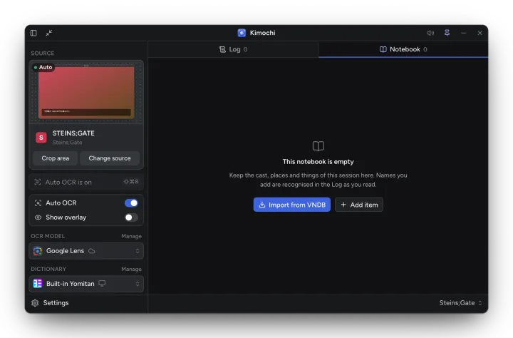 An empty Notebook with Import from VNDB and Add item buttons.