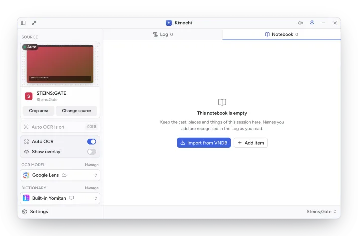 An empty Notebook with Import from VNDB and Add item buttons.
