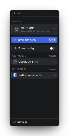 The sidebar with the Quick Shot source and a Draw and scan button.