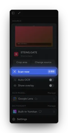 The sidebar with the Scan now button highlighted, showing its shortcut.