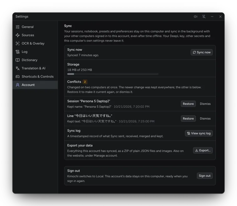 Settings, Account, Sync: Sync now, Storage, two Conflicts with Restore and Dismiss, Sync log and Export your data.