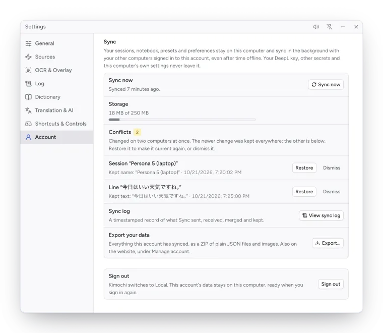 Settings, Account, Sync: Sync now, Storage, two Conflicts with Restore and Dismiss, Sync log and Export your data.