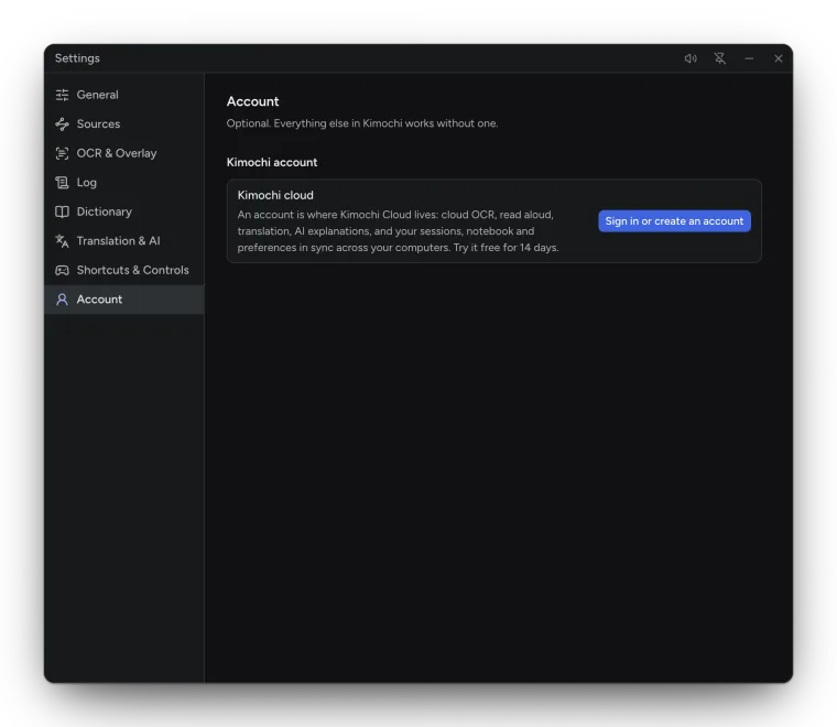 Settings, Account when signed out: Kimochi cloud, with Sign in or create an account.