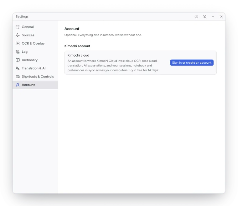 Settings, Account when signed out: Kimochi cloud, with Sign in or create an account.