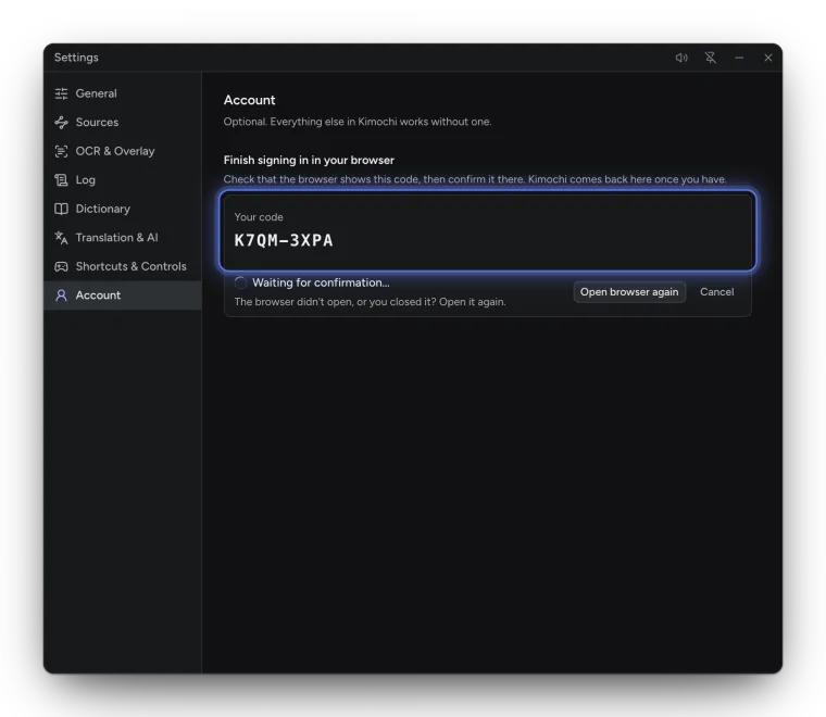 Settings, Account while signing in: Your code K7QM-3XPA, Waiting for confirmation, Open browser again and Cancel.