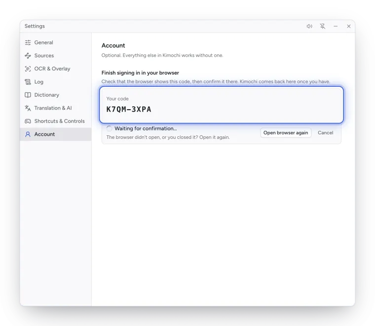 Settings, Account while signing in: Your code K7QM-3XPA, Waiting for confirmation, Open browser again and Cancel.
