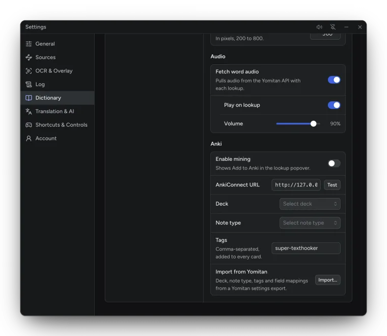 Settings, Dictionary, Anki section: Enable mining, AnkiConnect URL with Test, Deck, Note type, Tags and Import from Yomitan.