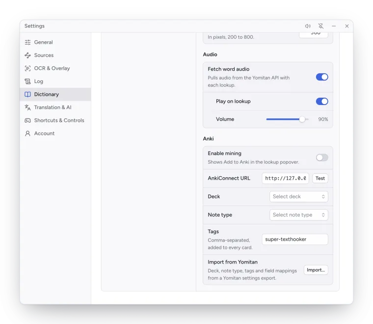 Settings, Dictionary, Anki section: Enable mining, AnkiConnect URL with Test, Deck, Note type, Tags and Import from Yomitan.