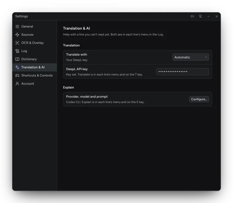 Settings, Translation & AI: Translate with, the DeepL API key and Explain.