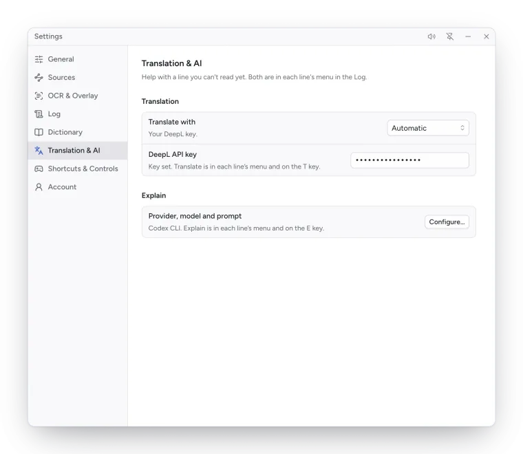 Settings, Translation & AI: Translate with, the DeepL API key and Explain.