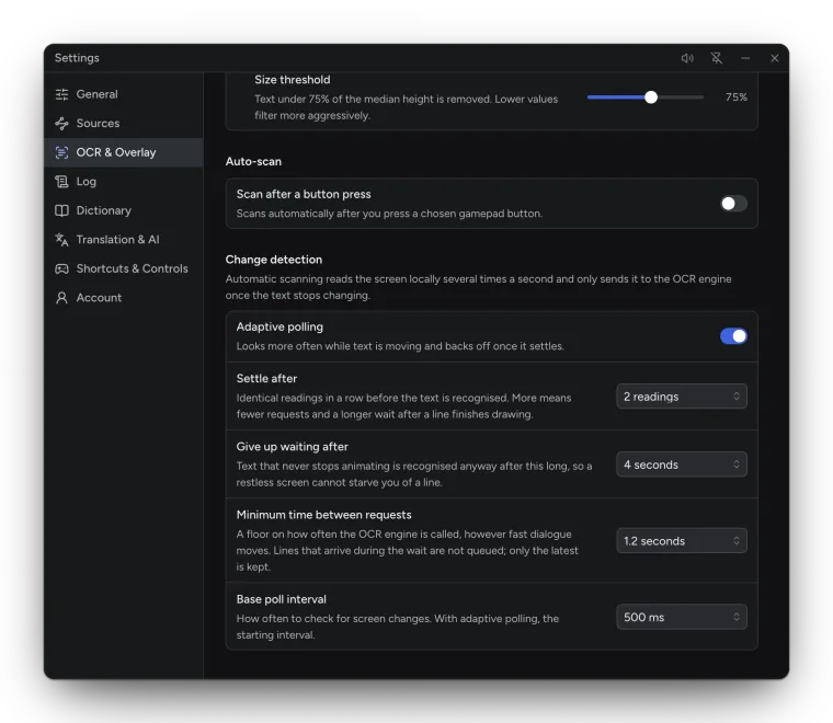 Settings, OCR & Overlay, scrolled to Auto-scan and Change detection.