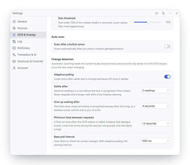 Settings, OCR & Overlay, scrolled to Auto-scan and Change detection.