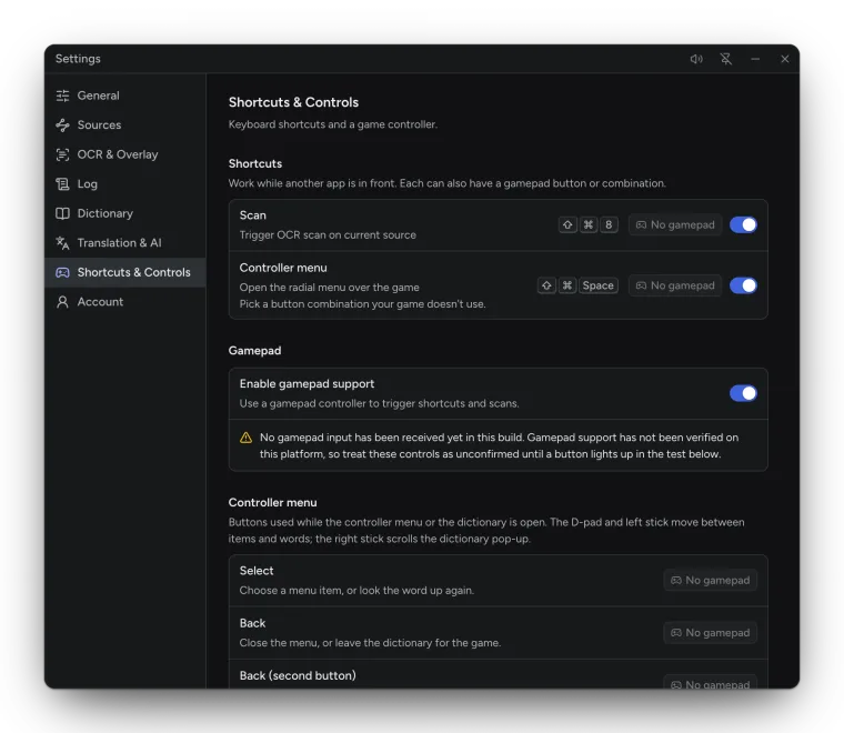 Settings, Shortcuts & Controls: the Scan and Controller menu shortcuts, Enable gamepad support and the Controller menu buttons.