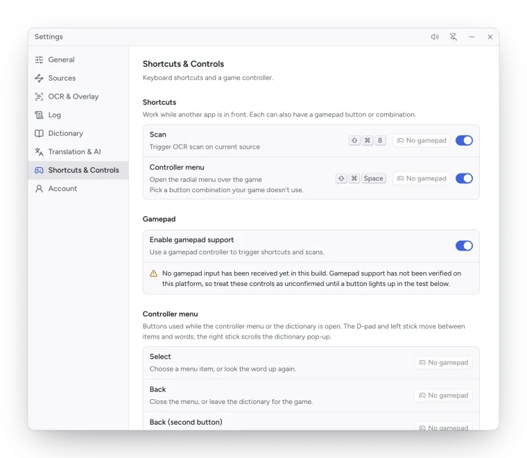 Settings, Shortcuts & Controls: the Scan and Controller menu shortcuts, Enable gamepad support and the Controller menu buttons.