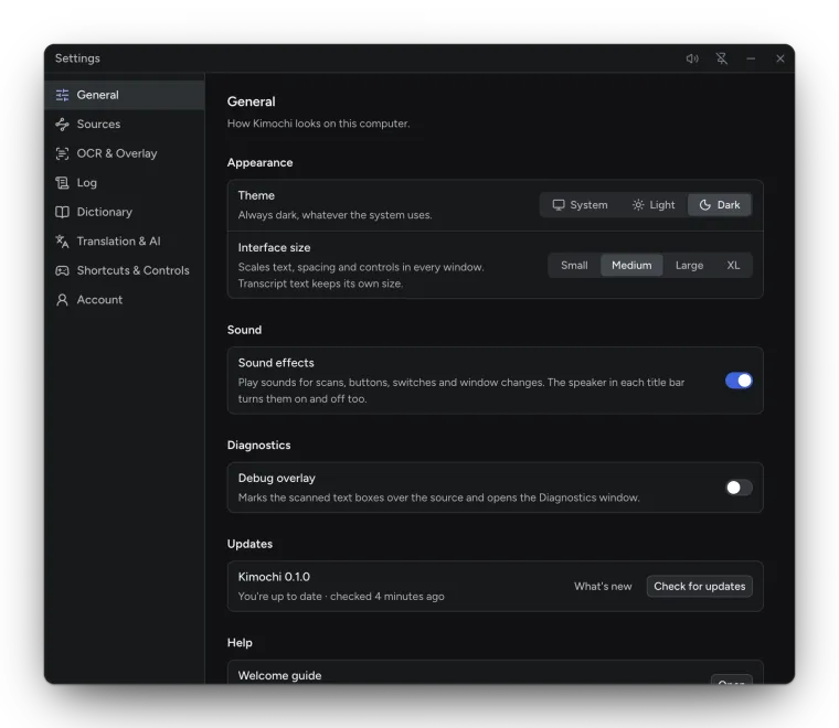 Settings, General page.