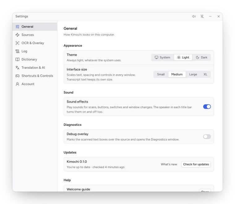 Settings, General page.