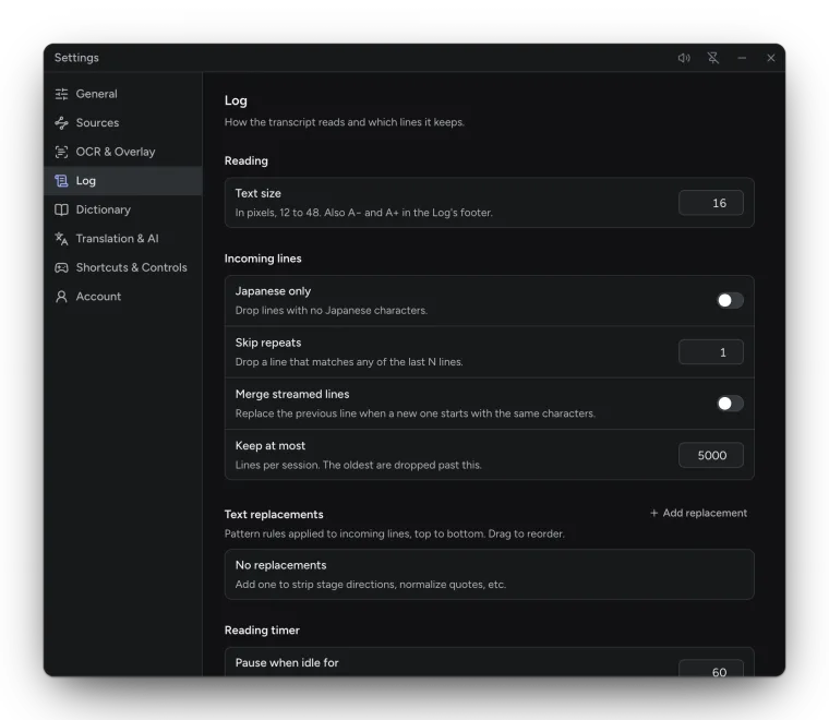 Settings, Log: Reading, Incoming lines, Text replacements and Reading timer.