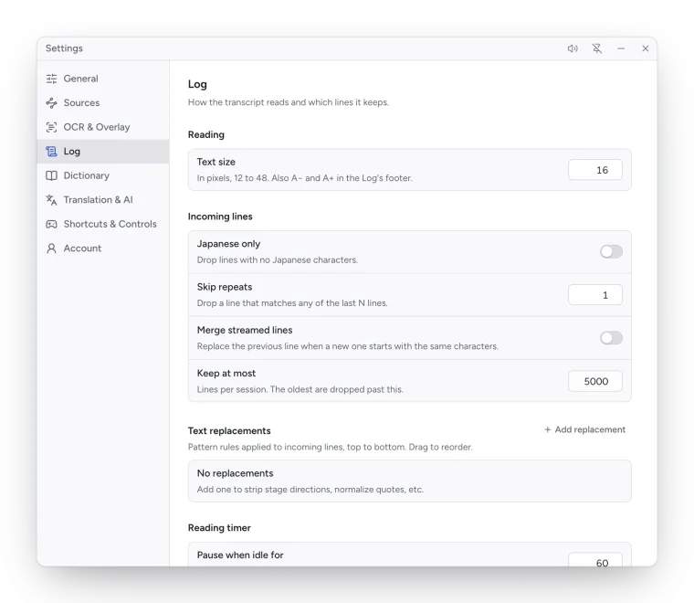 Settings, Log: Reading, Incoming lines, Text replacements and Reading timer.