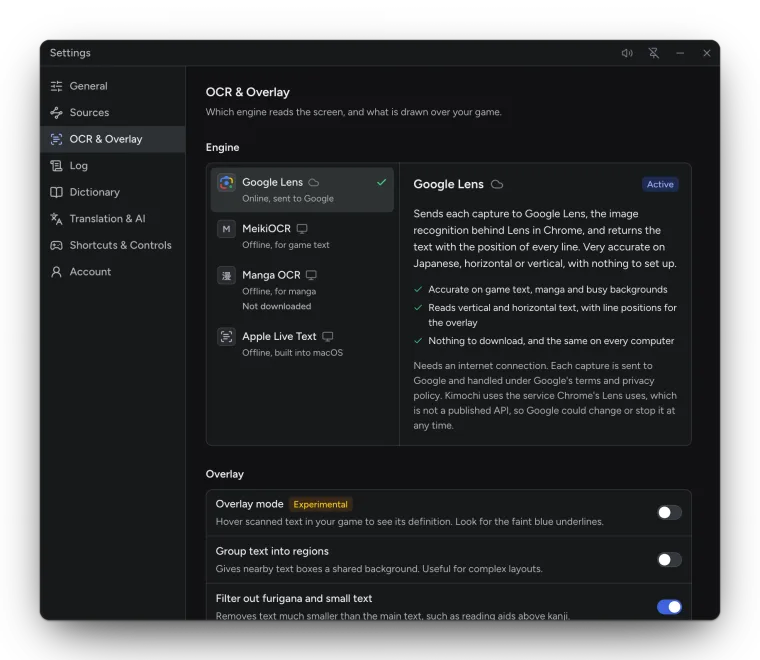 Settings, OCR & Overlay: the engine list on the left and Google Lens's details on the right, marked Active.