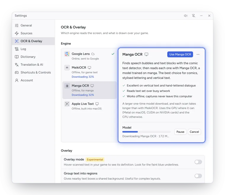 Manga OCR's details with its model downloading, a progress bar and Pause and Cancel buttons.