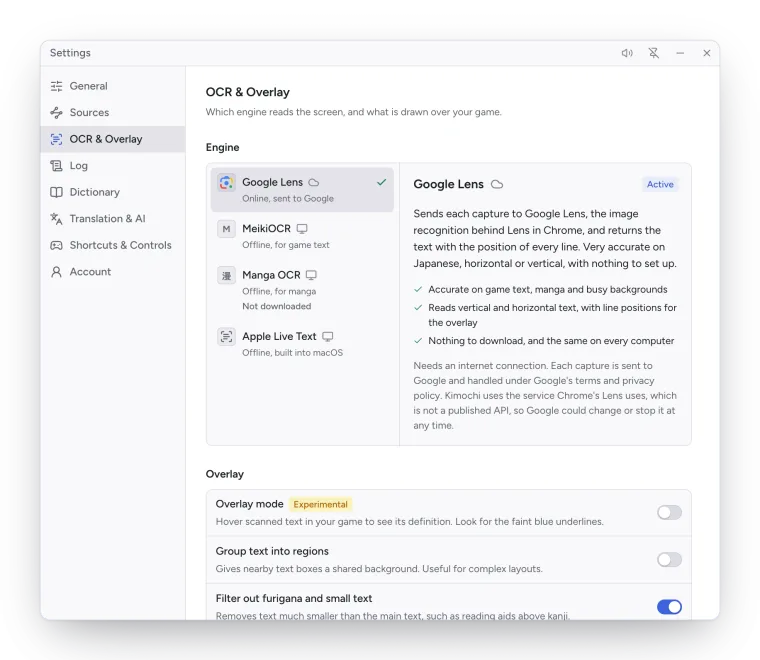 Settings, OCR & Overlay: the engine list on the left and Google Lens's details on the right, marked Active.