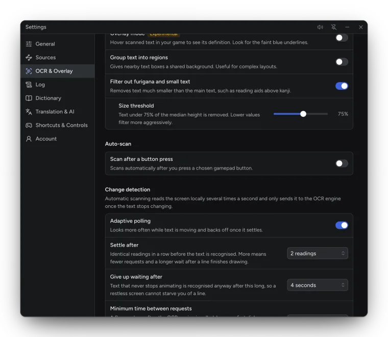 Settings, OCR & Overlay, Overlay section with Overlay mode, Group text into regions and Filter out furigana and small text.