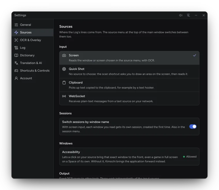 Settings, Sources: the Input list (Screen, Quick Shot, Clipboard, WebSocket), Sessions, Windows and Output.