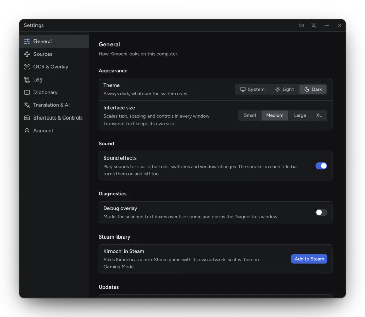 Settings, General page, with the Steam library section and its Add to Steam button.