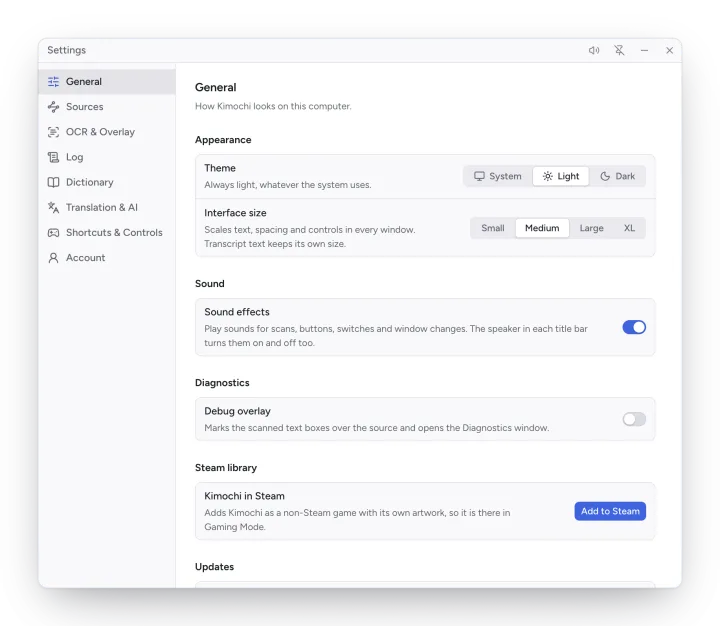 Settings, General page, with the Steam library section and its Add to Steam button.