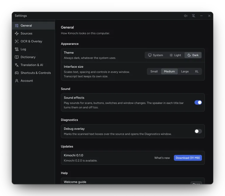 Settings, General, Updates: the current version, What's new and a Download button for the new version.