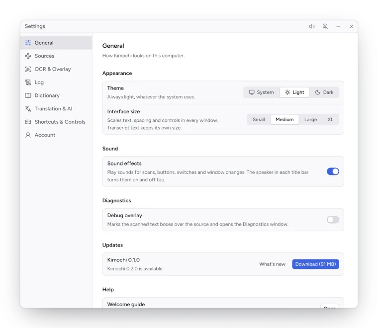 Settings, General, Updates: the current version, What's new and a Download button for the new version.