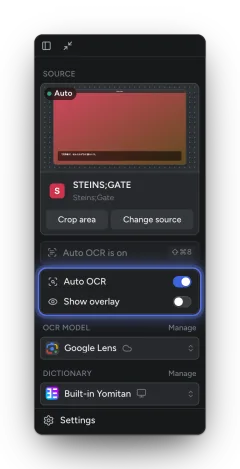 The sidebar's source card for a game window, with its live preview, Crop area and Change source buttons, and the Auto OCR and Show overlay switches highlighted.