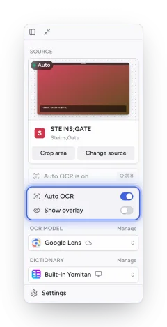 The sidebar's source card for a game window, with its live preview, Crop area and Change source buttons, and the Auto OCR and Show overlay switches highlighted.