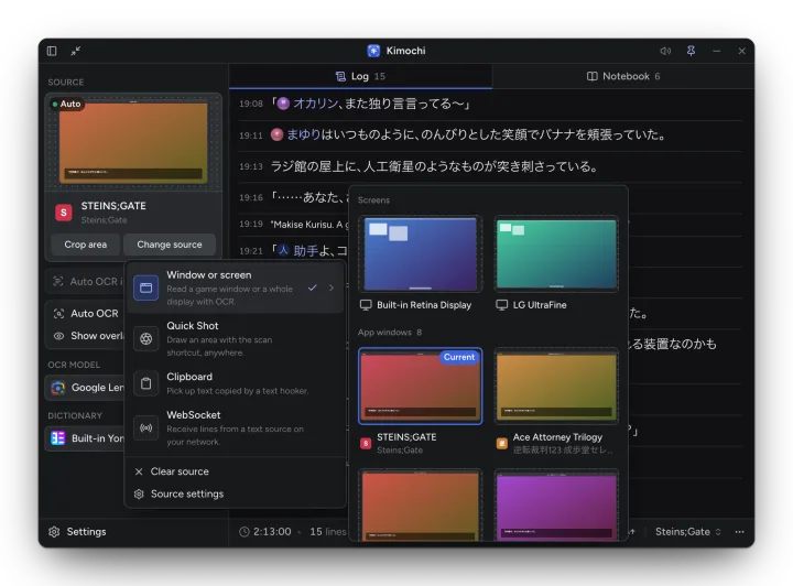 The window and screen picker, with thumbnails of two screens and several app windows.