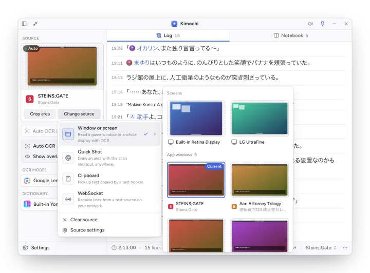 The window and screen picker, with thumbnails of two screens and several app windows.