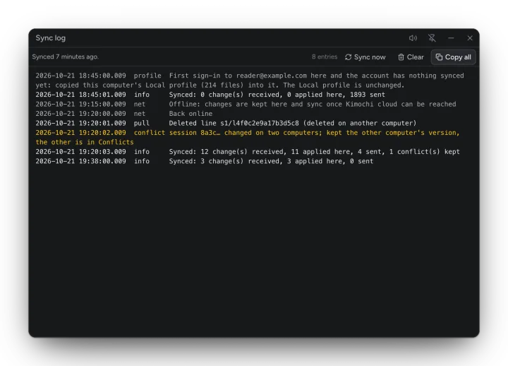 The Sync log window with timestamped entries.