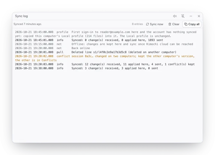 The Sync log window with timestamped entries.