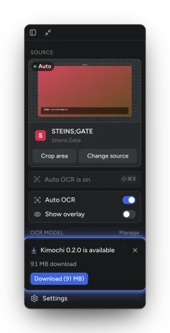 The sidebar's update notice: Kimochi 0.2.0 is available, with a Download button.