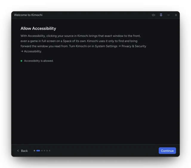 The welcome guide's Allow Accessibility step, with Accessibility allowed.