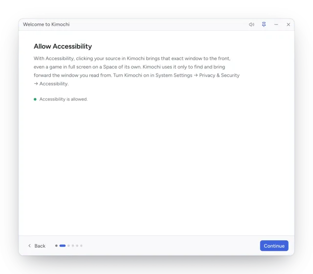 The welcome guide's Allow Accessibility step, with Accessibility allowed.