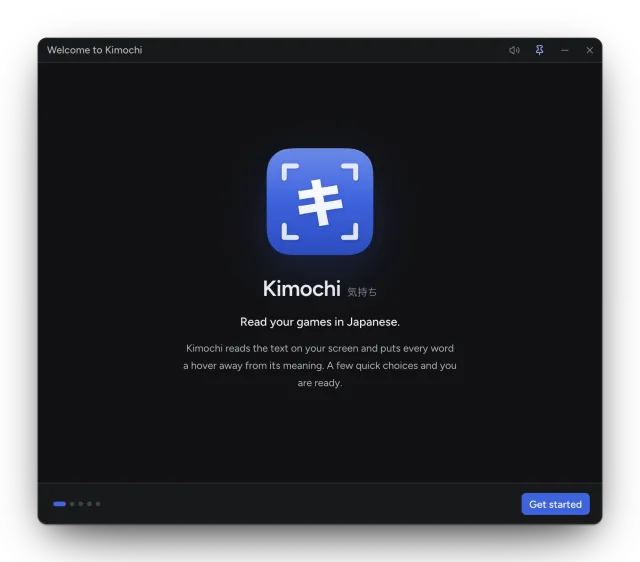 The welcome guide's first page: the Kimochi icon, Read your games in Japanese, and a Get started button.
