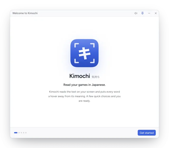 The welcome guide's first page: the Kimochi icon, Read your games in Japanese, and a Get started button.
